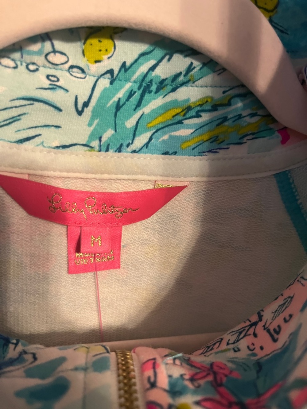 Tropical Floral Quarter-Zip Pullover - Aqua, Pink, Yellow - Picture 4 of 6